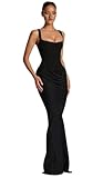 Corset sirène pour femme   Robe de cocktail longue plissée à bretelles spaghetti   Robe de cocktail, Noir , M