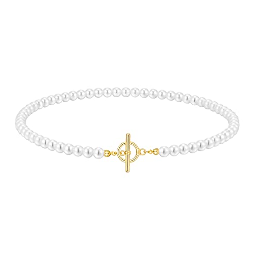 W WOOGGE Pearl Choker Necklace for Women, 6MM Pearl Necklace with 24K Gold Plated Toggle Clasp, Handmade Dainty Necklace for Women Girls Jewelry Gifts, 16 INCH
