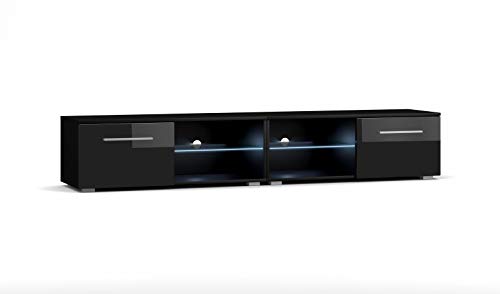 VIVALDI Mobile porta TV - MOON 2 DOUBLE - 200 cm - Nero Opaco / Nero Lucido con illuminazione a LED blu - Stile Design