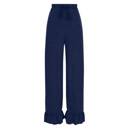 Womens Wide Leg Pants Drawstring Elastic High Waisted Ruffle Hem Pants with Pockets Casual Flowy Beach Pants Culottes3