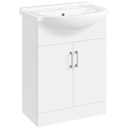 Yaheetech Meuble Salle de Bain avec Vasque en Céramique, Meuble Lave Main WC, Armoire sous Lavabo Encastrée, Charnières Soft-Close, 61 × 43,5 × 84 cm, Blanc