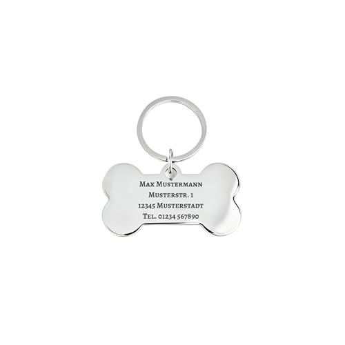 Hundemarke mit Gravur Personalisiert aus Edelstahl Hundeanhänger inkl. Schlüsselring - Namensschild für Halsband - Dog Tag Anhänger Marke für Hunde, Tiermarke für Katzen und Welpen (Knochen)