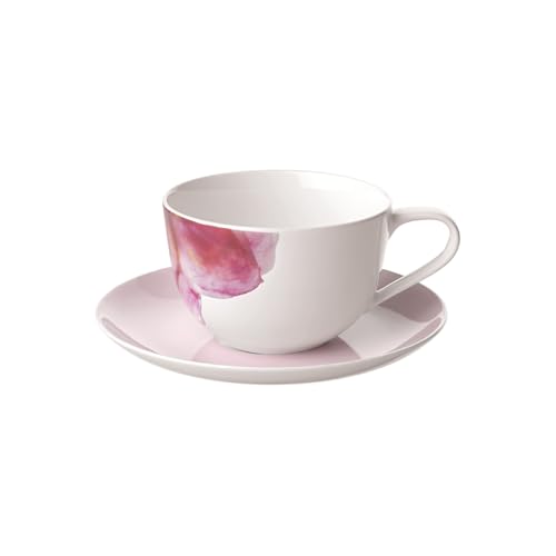 Villeroy & Boch Rose Garden Tasse à cappuccino avec soucoupe, 300 ml, service à café au lait avec décor floral pour 1 personne, passe au lave-vaisselle, porcelaine de qualité supérieure, rose