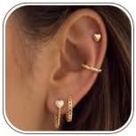 925 Sterling Silver Post Heart Earrings Stack for Women, 16K Gold Plated Stud Ear Cuff Hoop Chain Set Hypoallergenic Cartilage Dainty Gold Earrings for Sensitive Ears Womens Jewelry Gift