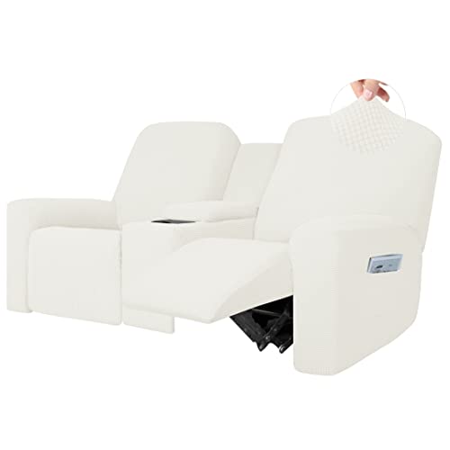 Image of Easy-Going 1 Piece Reclining Loveseat with Middle Console Slipcover | Stretch 2 Seater Loveseat Recliner Cover with Holder and Storage, Recliner Couch Sofa Cover, Furniture Protector Cream