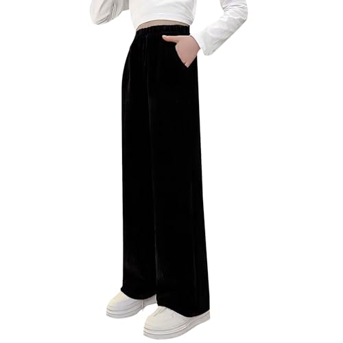 Tween Girls Baggy Corduroy Pants Solid Color Loose Elastic Waist Comfy Casual Pants Spring Fall Fashion Trousers Black 15-16 T