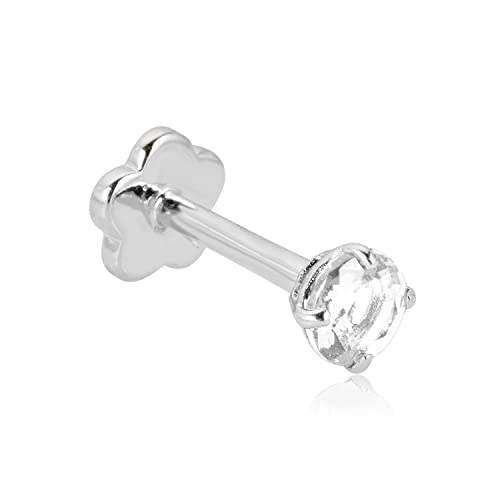Image of AVORA 14K Yellow /White Gold 3mm Round Simulated Diamond (0.1 carat) Cartilage Piercing Flat Back Earring Body Jewelry (18 Gauge) - Emerald, Ruby, Amethyst, Sapphire, Sim. Diamond