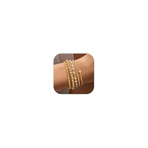 Yoosteel Valentines Day Gifts for Her Kids Teen Girl – 14K Gold Plated Dainty Round Beaded Ball Pearl Cross Bracelet Stack Set for Women Trendy Non Tarnish Teenage Girls Stackable Jewelry Gift