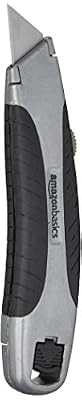 Amazon Basics Soft Grip Retractable Utility Knife with 3 Carbon Steel Blades, Quick Change Blade System, Black/Silver