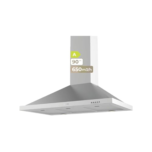EVVO Campana Extractora Piramidal CE26 Pyramid, Filtro de Aluminio de 5 Capas, Ancho 90 cm, Potencia 650 m³/h, Luz LED, Filtro de Carbón Activo, 3 Velocidades, Eficiencia Energética A, Acabado Inox