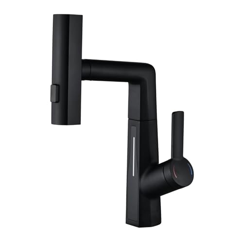 Grifo for lavabo de baño con pantalla LED temperatura, grifo tipo cascada efecto lluvia y rociador extraíble, mezclador elevable latón, monomando, color negro