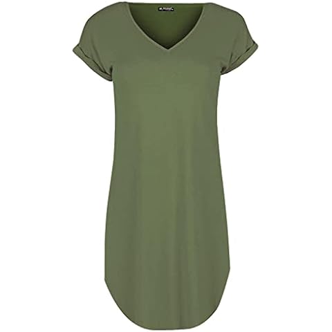 Fashion Star Womens Plain Turnup Sleeve Oversize Curved Hem V Neck Baggy T-Shirt Dress Plain Khaki Plus Size (UK 24/26) Cover