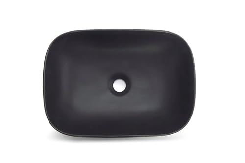 Ceramic Countertop Wash Basin | Designer Table Top Bathroom Basin Sink | Vessel Sink Wash Basin Over Counter for Bathroom, Hotel, Home Living Room (18x13x5.5 Inch) (Matte Black)
