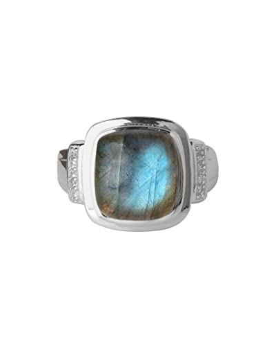 YoTreasure 2.63 Ct. Cushion-Shaped Labradorite White Zircon 925 Sterling Silver Gemstone Ring Jewelry