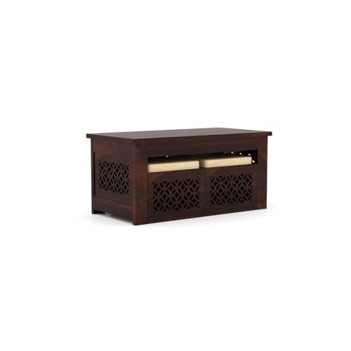Image of Solid Sheesham Wood Coffee Table with 2 Stools for Home, Office | Wooden Center Coffee Table for Living Room, Center Table with Shelf Storage | (CNC- Walnut Finish)