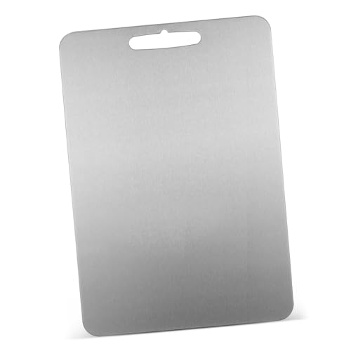 BEBEMOKO Tabla de cortar de acero inoxidable de doble cara, tabla de cortar de frutas de acero inoxidable de doble cara, tabla de cortar de metal, tabla de charcutería para alimentos, color plateado
