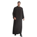 Arab Muslim Thobe for Men Long Sleeve Kaftan Thobe with Pockets Saudi Arabic Robe Abaya Prayer Dress Eid Ramadan Middle East Dubai Islamic Clothes Caftan Button up Solid Kimono Long Gown Black S