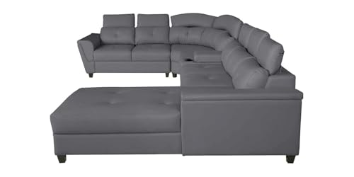 Image of Torque Arnold Fabric 8 Seater Sofa with Lounger and Cup Holder Dark Grey | Corner Sofa Couch with Moveable Headrest | U Shape Sectional Sofa Set Living Room Office Home