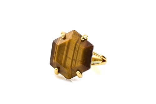 Hexagon Tiger Eye Ring in 14k Gold - Stylish Statement Jewelry - Gemstone Ring, Fashion Ring, Unique Engagement Ring, Custom Rings for Her - Available in All Ring Sizes