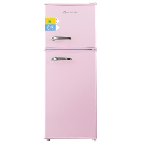magictec MDFR120-RE Retro-Kühlschrank mit Gefrierfach | 120L(88L/32L) | Low Frost | Kühl-Gefrier-Kombination | Vintage Design | LED-Beleuchtung | Rosa