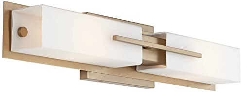 Image of Possini Euro Design Midtown Modern Wall Light Burnished Brass Gold Metal Hardwired 23 1 /2 inch 2-Light Fixture White Glass Shade for Bedroom Bedside Bathroom Vanity Living Room Hallway Dining House