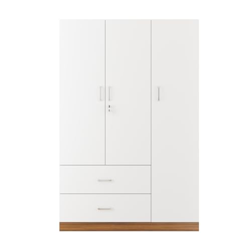 Image of VIKI Wardrobe | Wooden Almirah for Clothes,Door for Bedroom, 3 Door Wardrobe with Drawer & Hanging Space (Walnut & White - 40D x 120W x 180H) | 1 Year Warranty | Free Assembly