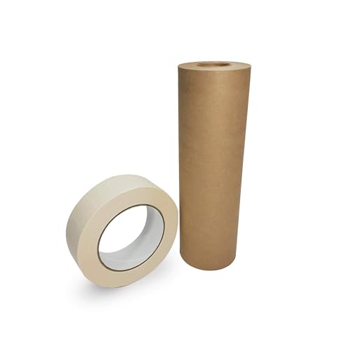 IDL Packaging Masking Paper and Tape Set - 9" x 60 Yards Brown Masking Paper (1 Roll) and 1.41" x 60 Yards White Tape (1 Roll) - Masking Kit for Painting Projects - Surface Protection