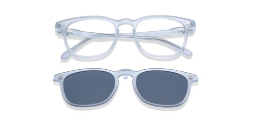 Image of HUSTLR Lenskart Switch | Zero Power Bluecut & Anti-Glare Computer Glasses with Sun Clip-Ons | Two in one glasses | Blue Sky - Blue Full Rim Square | Unisex | Large | LH E17771-W