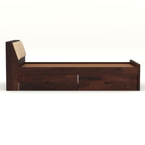 Image of Solid Sheesham Wood Single Size Bed with 2 Drawer Storage Wooden Single Cot Bed for Home Living Room Bedroom Guest Room Hotel (Walnut, Size 6 * 4)