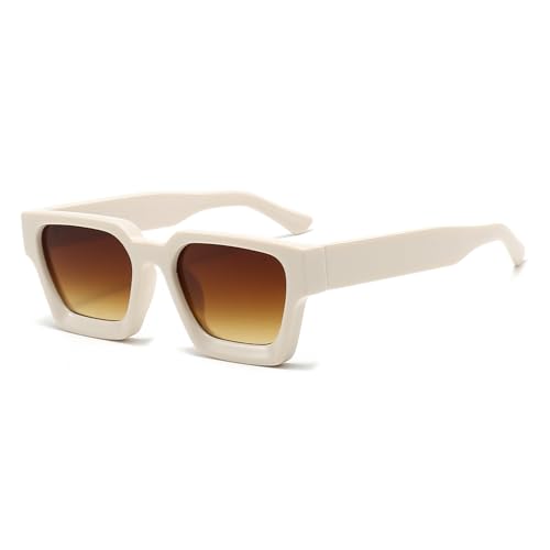 WDZAYXC Vintage Rechteckige Sonnenbrille für Damen Herren Chunky Rectangle Sunglasses Retro Brille UV400 Schutz(Beige/Tee)