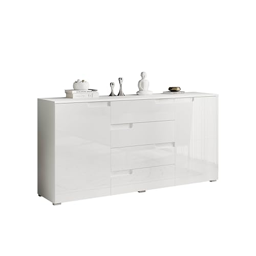 Stella Trading SPICE Sideboard in Hochglanz Weiß - Moderne Kommode mit viel Stauraum für Ihren Wohnbereich - 165 x 80 x 40 cm (B/H/T)