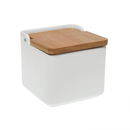 Salero para Cocina Cerámica Blanco/ Salero Para Sal Cuadrado con Tapadera de Madera Abatible/ Cuenco para La Sal y Sal Gorda/ Tarro Para La Sal Hecho de Cerámica + Madera Cover