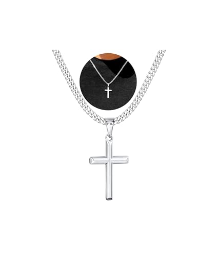 Avotto Silver Cross Necklace for Men Boys Chain Mens Cross Necklace 5mm Cuabn Link Chain with Cross Pendant Easter Basket Stuffers Gifts for Teen Boy Kids First Communion Baptism Christian Jewelry Gifts 20inch