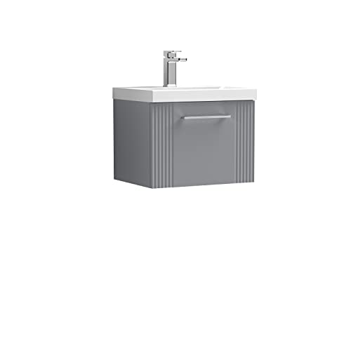 nuie DPF291A Deco Modern Bathroom Wall Hung 1 Drawer Part Fluted Vanity Unit with Mid-Edge Ceramic Basin, Satin Grey