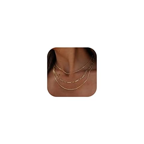 Tewiky Multi Layered Necklaces for Women, 14k Gold Herringbone Paperclip Chain Necklace Handmade Three Layered Necklaces Dainty Gold Choker Necklaces for Women Cover