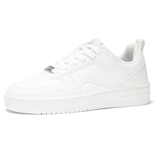 LUCKY STEP Baskets Mode Femme Tennis Blancs Basse en Cuir avec Strass Brillants (Tout Blanc,...