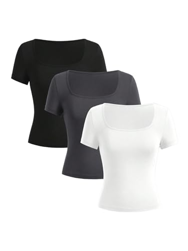 Girl's 3 Packs Basic Tees Shirts Tops Square Neck Short Sleeve Slim Fit Summer Clothes Base Layer Tees