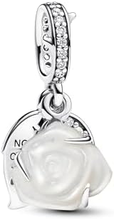 Pandora Moments White rose sterling silver double dangle with white bioresin man-made mother of pearl and clear cubic zirconia
