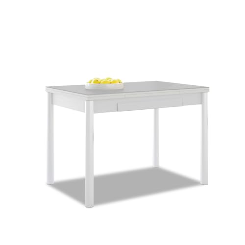 - Tavolo da cucina estensibile - Struttura bianco con piano in vetro - Colore grigio - Ideale per piccoli spazi - Dimensioni: 90 x 50 cm - Estensibile: 140 x 50 cm