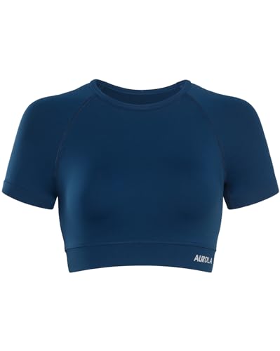Image of AUROLA Influence Women Crop Top Short Sleeve Compression Workout T-Shirt | Raglan Short Sleeve Crop Top, High-Stretch Seamless Knit, Stay-Put Ribbed Underband, Soft Breathable Comfort