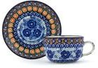 Polmedia Polish Pottery Cup with Saucer UNIKAT - Dancing Blue Poppies Pattern Handmade in Boleslawiec Poland by Ceramika Artystyczna + Certificate of Authenticity
