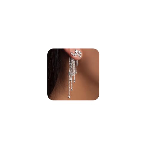 Image of fxmimior Women Bridal Vintage Star Long Tassels Rhinestones Shiny Stud Dangle Earrings Fashion Silver Simple Earrings for Women (Silver)
