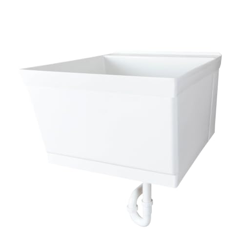Image of JS Jackson Supplies Tehila White Wall-Mounted Utility Sink Tub Kit, Wall-Mounted Utility Tub with Wall Bracket, Floating Utility Sink for Laundry Room, Garage, Workshop, and More