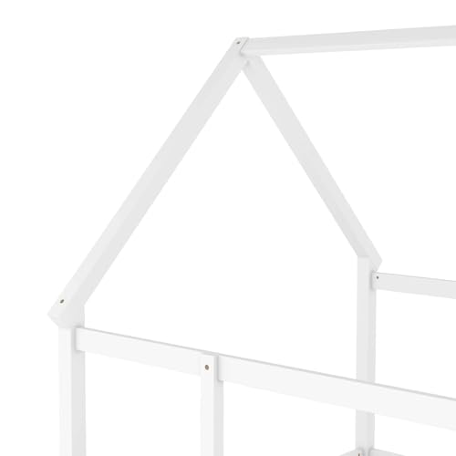 Image of Bellemave Kids Full Size Floor Bed with House Roof Frame and Safety Fence, Wooden Montessori Bed, Low Profile Playhouse Bed for Boys Girls Bedroom (White)
