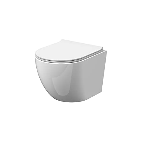 nuie NCG340 Freya Modern Bathroom Wall Hung Round Rimless Toilet Pan and Soft Close Sandwich Seat Included, 360mm, White Cover