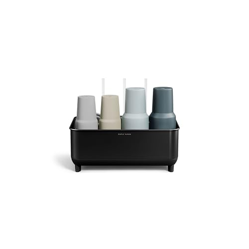 simplehuman Bottle Dock, Fast Drying Bottle Rack with Steel Frame &amp; Diatomaceous Earth Base, Three-Compartment Organizer for Tumblers, Caps &amp; Straws, Built-in Straw Holder, Matte Black