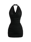 Verdusa Women's Backless Halter Cowl Neck Dress Summer Party Ruched Bodycon Mini Dresses Black X-Small
