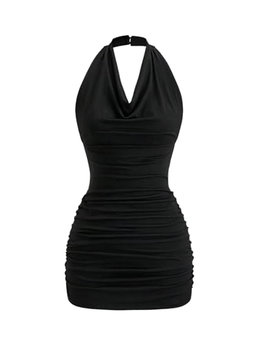 SOLY HUX Women's Halter Mini Dress Ruched Draped Cowl Neck Sleeveless Backless Bodycon Party Dresses
