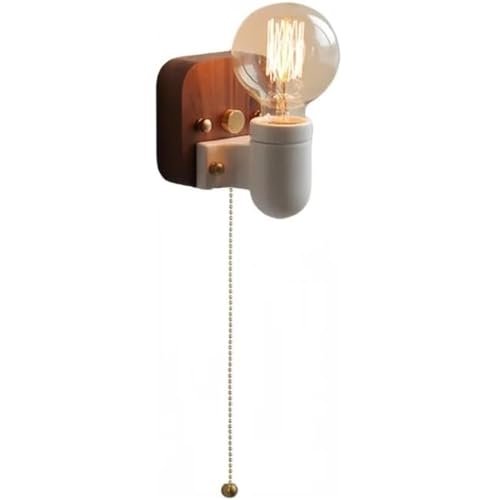 Aplique pared moderno rústico con cadena tracción, cuerpo cerámica, bombilla E27 expuesta, base madera nogal, lámpara pared for dormitorio, sala estar, mesita noche(White)