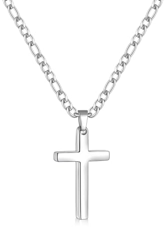 Fiusem Silver Tone Cross Necklace for Men, Stainless Steel Mens Cross Necklaces with 3.5mm Figaro Chain, Jewelry Gift Pendant Chain 16-24 Inches